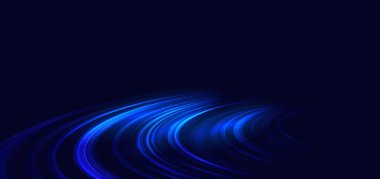 Hız hareketi yatay mavi kıvrımlı çizgiler üzerinde parıltılı mavi arkaplan. Hızlı yarış arabası mavi hareket konsepti. Vektör illüstrasyonu