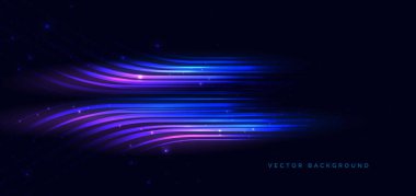 Hız hareketi yatay mavi ve kırmızı kıvrımlı çizgiler üzerinde parıltılı mavi arkaplan. Hızlı yarış arabası mavi hareket konsepti. Vektör illüstrasyonu