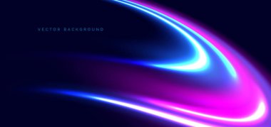 Koyu mavi arkaplanda mavi ve pembe kavisli neon ışınlar. Yüksek hızlı hareket kavramı. Vektör illüstrasyonu