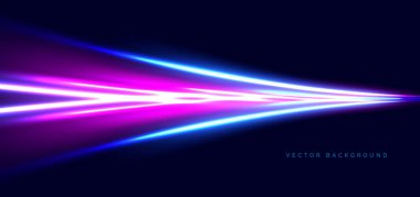 Koyu mavi arkaplanda mavi ve pembe kavisli neon ışınlar. Yüksek hızlı hareket kavramı. Vektör illüstrasyonu