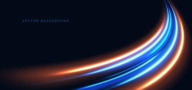 Yüksek hızlı mavi ve turuncu neon kıvrımlı ışınları koyu mavi arka planda. Hızlı hareket kavramı. Vektör illüstrasyonu