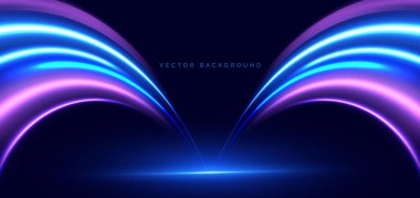 Koyu mavi arka planda parlak mavi ve mor kıvrımlı ışınlar. Yüksek hızlı gece efekti bulanık hareket ediyor. Vektör illüstrasyonu