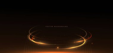 Koyu arkaplanda ışık efektiyle parlayan kıvrımlı altın çizgiler. Lüks tasarım konsepti. Vektör illüstrasyonu