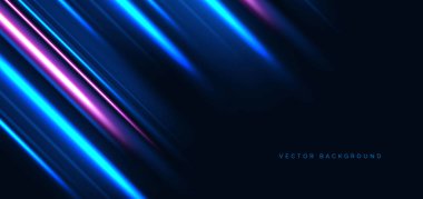Yüksek hızlı mavi ve pembe neon köşegen ışınları koyu mavi arka planda. Hızlı hareket kavramı. Vektör illüstrasyonu