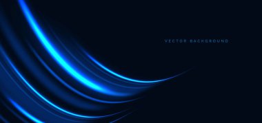 Koyu arkaplanda parlayan mavi kıvrımlı ışınlar. Hızlı hareket kavramı. Vektör illüstrasyonu
