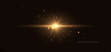 Koyu arkaplanda altın renkli ışık efekti. Lüks küresel neon ışık ışını. Vektör illüstrasyonu