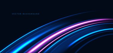 Koyu arkaplanda parlayan mavi ve pembe kıvrımlı ışınlar. Hızlı hareket kavramı. Vektör illüstrasyonu