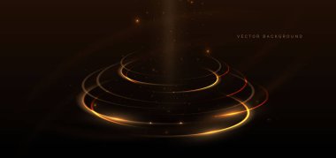 Koyu arkaplanda ışık efektiyle parlayan kıvrımlı altın çizgiler. Lüks tasarım konsepti. Vektör illüstrasyonu