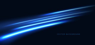 Koyu mavi arka planda parlayan mavi neon köşegen ışınları. Hızlı hareket kavramı. Vektör illüstrasyonu