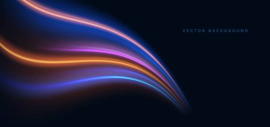 Koyu mavi arka planda parlak mavi ve turuncu dalga ışınları. Yüksek hızlı gece efekti bulanık hareket ediyor. Vektör illüstrasyonu