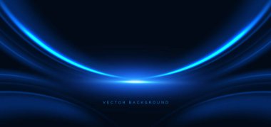 Lacivert arkaplanda parlayan soyut mavi kıvrımlı ışınlar. Hız teknolojisi ışık konsepti. Vektör illüstrasyonu