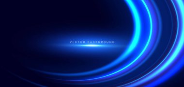 Yüksek hızlı mavi neon kıvrımlı ışınlar koyu mavi arka planda. Hızlı hareket kavramı. Vektör illüstrasyonu