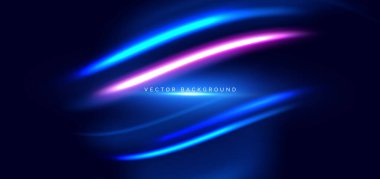 Yüksek hızlı mavi ve pembe neon dalga ışınları koyu mavi arka planda. Hızlı hareket kavramı. Vektör illüstrasyonu