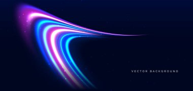 Koyu mavi arkaplanda mavi ve pembe kavisli neon ışınlar. Yüksek hızlı hareket kavramı. Vektör illüstrasyonu