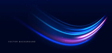 Koyu mavi arkaplanda mavi ve pembe kavisli neon ışınlar. Yüksek hızlı hareket kavramı. Vektör illüstrasyonu