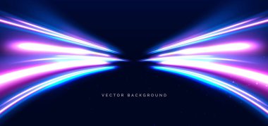 Koyu mavi arkaplanda parlayan açık mavi ve kırmızı kollu ışınlar. Yüksek hızlı hareket kavramı. Vektör illüstrasyonu