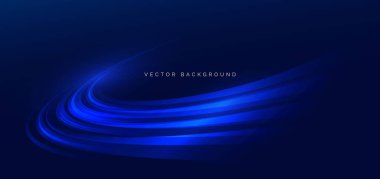 Yüksek hızlı mavi neon kıvrımlı ışınlar koyu mavi arka planda. Hızlı hareket kavramı. Vektör illüstrasyonu
