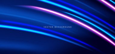 Koyu mavi arka planda mavi ve pembe kıvrımlı ışınlar. Hızlı hareket kavramı. Vektör illüstrasyonu