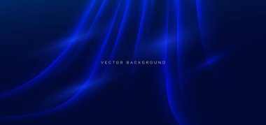 Koyu mavi arka planda soyut modern geometrik mavi parlayan eğri çizgileri. Şablon broşürü, kapak, görüntü düzeni. Vektör illüstrasyonu