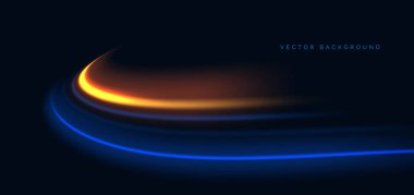 Yüksek hızlı mavi ve turuncu neon kıvrımlı ışınlar koyu mavi arka planda. Hızlı hareket kavramı. Vektör illüstrasyonu