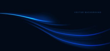 Yüksek hızlı mavi neon kıvrımlı ışınlar koyu mavi arka planda. Hızlı hareket kavramı. Vektör illüstrasyonu