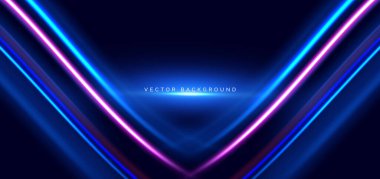 Yüksek hızlı mavi ve pembe neon dalga ışınları koyu mavi arka planda. Hızlı hareket kavramı. Vektör illüstrasyonu