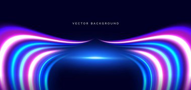 Koyu mavi arka planda mavi ve pembe kıvrımlı ışınlar. Hızlı hareket kavramı. Vektör illüstrasyonu