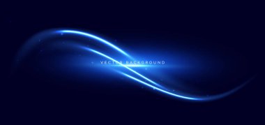 Koyu mavi arkaplanda parlayan mavi neon dalgalar. Hızlı hareket kavramı. Vektör illüstrasyonu