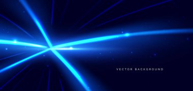 Koyu mavi arka planda parlayan mavi ışık. Yüksek hız hareketi konsepti. Vektör illüstrasyonu