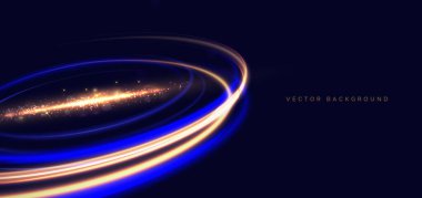 Altın ve mavi hareket halkaları ışık efekti yapıyor. Işıklandırma arka planda parıldıyor. Vektör illüstrasyonu