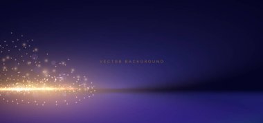 Sahne koyu mavi, altın parıltılı ışıklar parıldıyor. Ürün gösterisi, promosyon, broşür için. Vektör illüstrasyonu