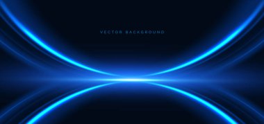 Lacivert arkaplanda parlayan soyut mavi kıvrımlı ışınlar. Hız teknolojisi ışık konsepti. Vektör illüstrasyonu