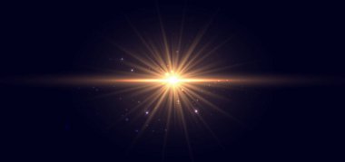 Koyu arkaplanda altın renkli ışık efekti. Lüks küresel neon ışık ışını. Vektör illüstrasyonu