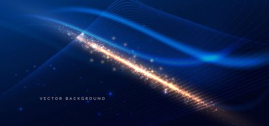 Parlak mavi dalga çizgileri ve altın ışıklandırma efektleri koyu renk arka planda parlıyor. Vektör illüstrasyonu