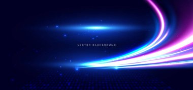 Koyu mavi arka planda gelecekteki teknoloji mavi ve pembe ışık. Hızlı hareket kavramı. Vektör illüstrasyonu