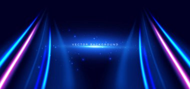 Yüksek hızlı mavi ve pembe neon dalga ışınları koyu mavi arka planda. Hızlı hareket kavramı. Vektör illüstrasyonu