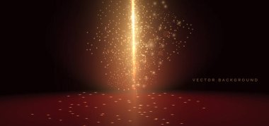 Sahne koyu kırmızı, altın parıltılı ışıklar parıldıyor. Ürün gösterisi, promosyon, broşür için. Vektör illüstrasyonu