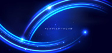 Lacivert arkaplanda soyut mavi kıvrımlı hareket aydınlatma efekti. Vektör illüstrasyonu