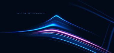 Yüksek hızlı mavi ve pembe neon dalga ışınları koyu mavi arka planda. Hızlı hareket kavramı. Vektör illüstrasyonu