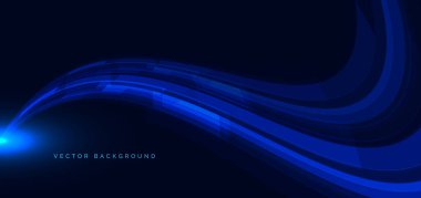 Koyu mavi arka planda yüksek hızlı mavi geometrik eğri çizgiler. Yüksek hızlı hareket kavramı. Vektör illüstrasyonu