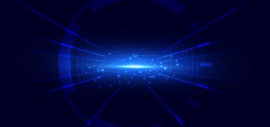 Bilim simgesi mavi ışın, koyu mavi arka planda ışık efektiyle parlıyor. Vektör illüstrasyonu