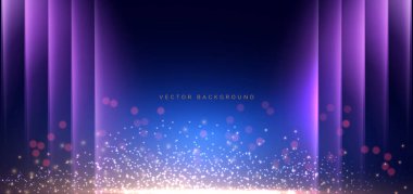 Mor dikey ışıkla koyu mavi arkaplanda altın ışıklandırma efekti parlıyor. Parti fikri, kutlama konsepti. Vektör illüstrasyonu