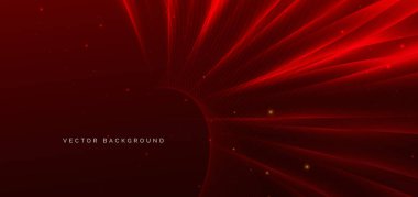 Parlak kırmızı kıvrımlı çizgiler, koyu kırmızı arka plan üzerinde ışıltılı ışık efekti. Şablon ödül konsepti. Vektör illüstrasyonu