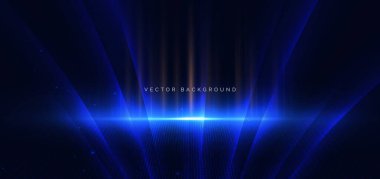 Koyu mavi arka planda parlayan mavi kıvrımlı ışınlar. Yüksek hız hareketi konsepti. Vektör illüstrasyonu