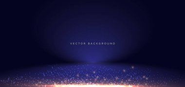 Sahne koyu mavi, altın parıltılı ışıklar parıldıyor. Ürün gösterisi, promosyon, broşür için. Vektör illüstrasyonu