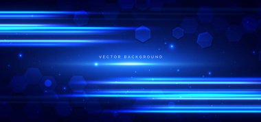 Fütürist teknoloji altıgen mavisi. Işıklandırma efekti koyu mavi arka planda parıldıyor. Vektör illüstrasyonu