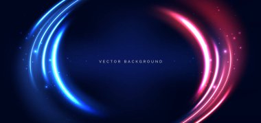 Koyu mavi arkaplanda mavi ve kırmızı kıvrımlı ışık huzmeleri. Vektör illüstrasyonu  