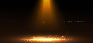 Soyut altın ışık dikey parlama ve aydınlatma efekti koyu arkaplanda parıldıyor. Parti fikri, kutlama konsepti. Vektör illüstrasyonu