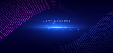 Soyut mavi ve pembe dalga çizgileri dinamiktir. Işıklandırma efekti koyu mavi arka planda parıldar. Gelecekçi dalga çizgileri konsepti. Vektör illüstrasyonu