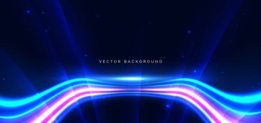 Koyu mavi arka planda geleceksel dalga mavi ve pembe ışın. Yüksek hızlı hareket kavramı. Vektör illüstrasyonu